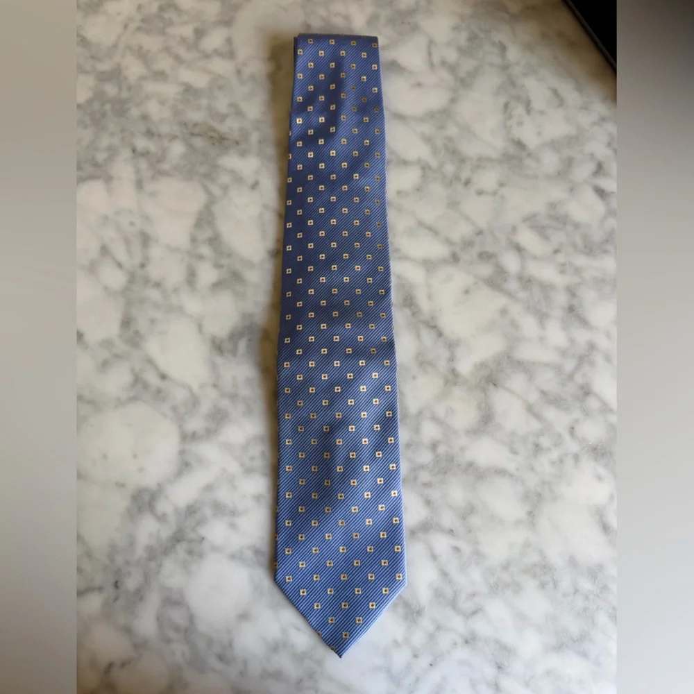 Hugo Boss Blue Tie with Gold Square Dots Silk Cotton Office Business Casual